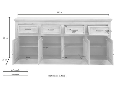 Balcão buffet aparador de madeira cinza grafite e cera com 4 portas e 4 gavetas  | Coleção England